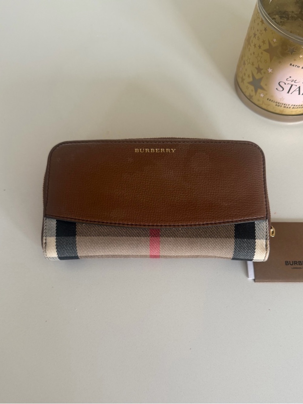 Authentic Burberry Brown Leather & Nova Check Zip-Around Wallet